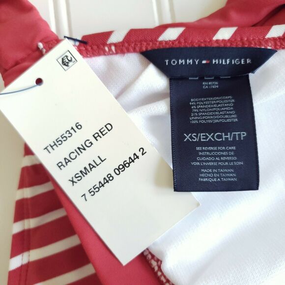TOMMY HILFIGER striped halter triangle swim bikini top in racing red Size XS NEW - Picture 5 of 6